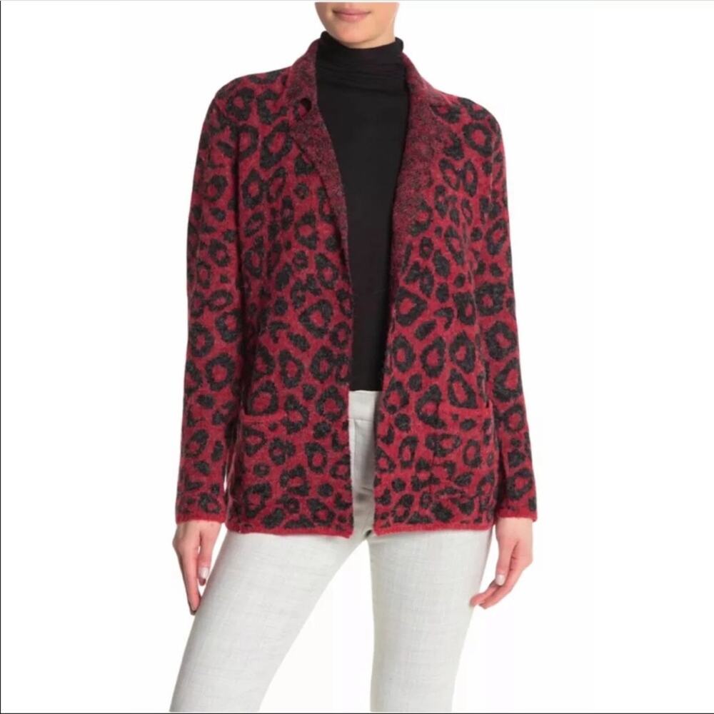 Joseph A Red Leopard Print Cardigan Sweater Long Medium
